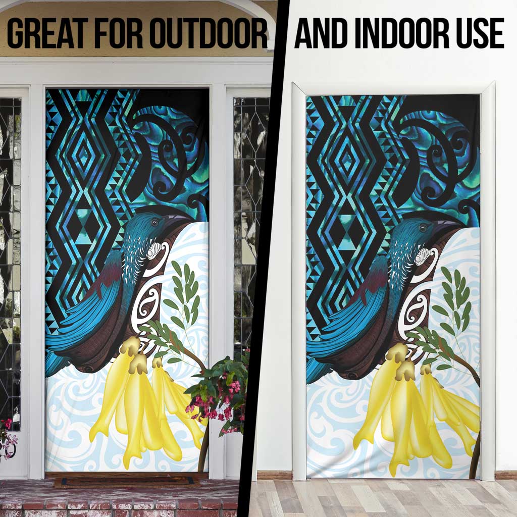 New Zealand Silver Fern Tui Bird Door Cover Maori Kowhai Paua Shell Taniko Motifs - Polynesian Pride