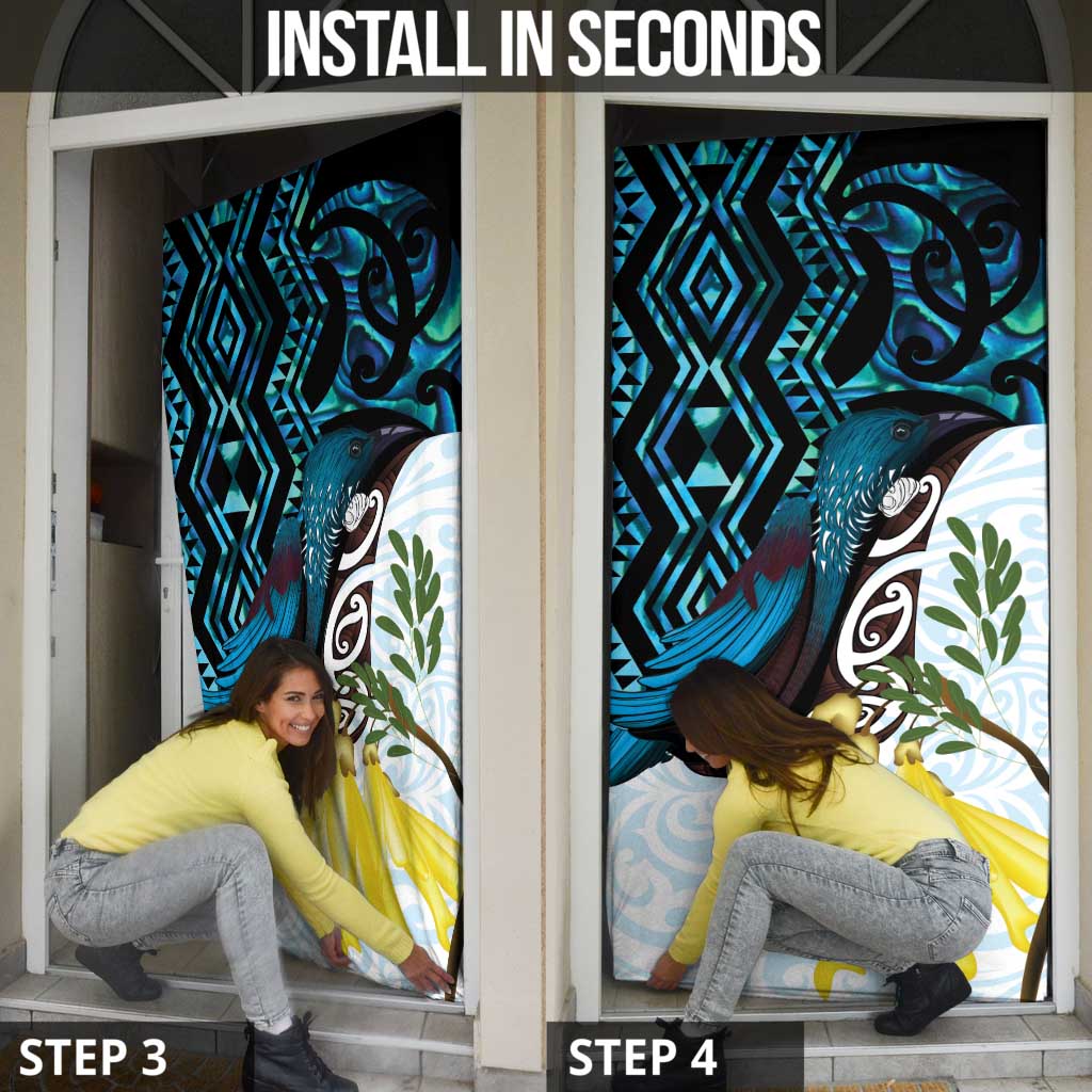 New Zealand Silver Fern Tui Bird Door Cover Maori Kowhai Paua Shell Taniko Motifs - Polynesian Pride