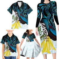 New Zealand Silver Fern Tui Bird Family Matching Long Sleeve Bodycon Dress and Hawaiian Shirt Maori Kowhai Paua Shell Taniko Motifs