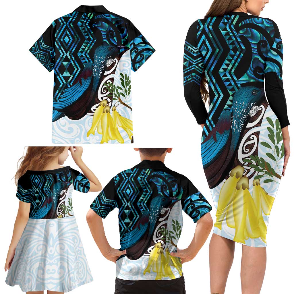 New Zealand Silver Fern Tui Bird Family Matching Long Sleeve Bodycon Dress and Hawaiian Shirt Maori Kowhai Paua Shell Taniko Motifs