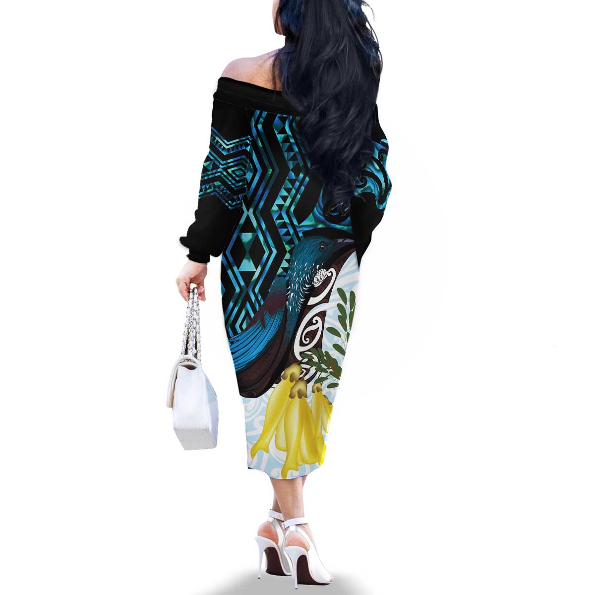 New Zealand Silver Fern Tui Bird Family Matching Off The Shoulder Long Sleeve Dress and Hawaiian Shirt Maori Kowhai Paua Shell Taniko Motifs