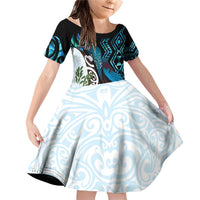 New Zealand Silver Fern Tui Bird Family Matching Off Shoulder Short Dress and Hawaiian Shirt Maori Kowhai Paua Shell Taniko Motifs