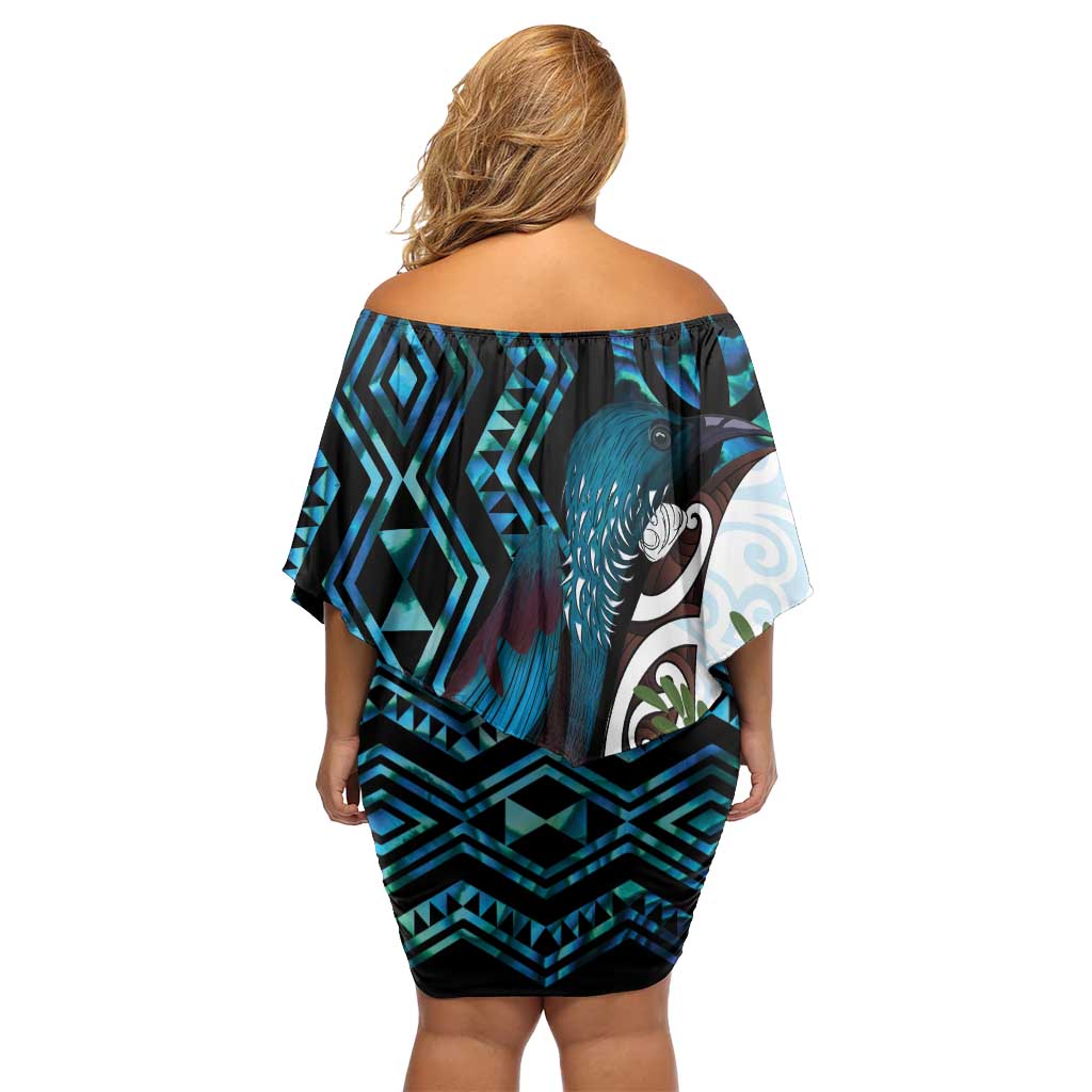 New Zealand Silver Fern Tui Bird Family Matching Off Shoulder Short Dress and Hawaiian Shirt Maori Kowhai Paua Shell Taniko Motifs