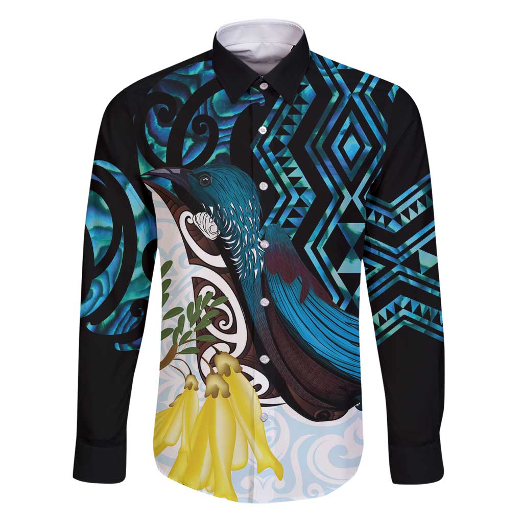 New Zealand Silver Fern Tui Bird Family Matching Puletasi and Hawaiian Shirt Maori Kowhai Paua Shell Taniko Motifs LT14 Dad's Shirt - Long Sleeve Turquoise - Polynesian Pride