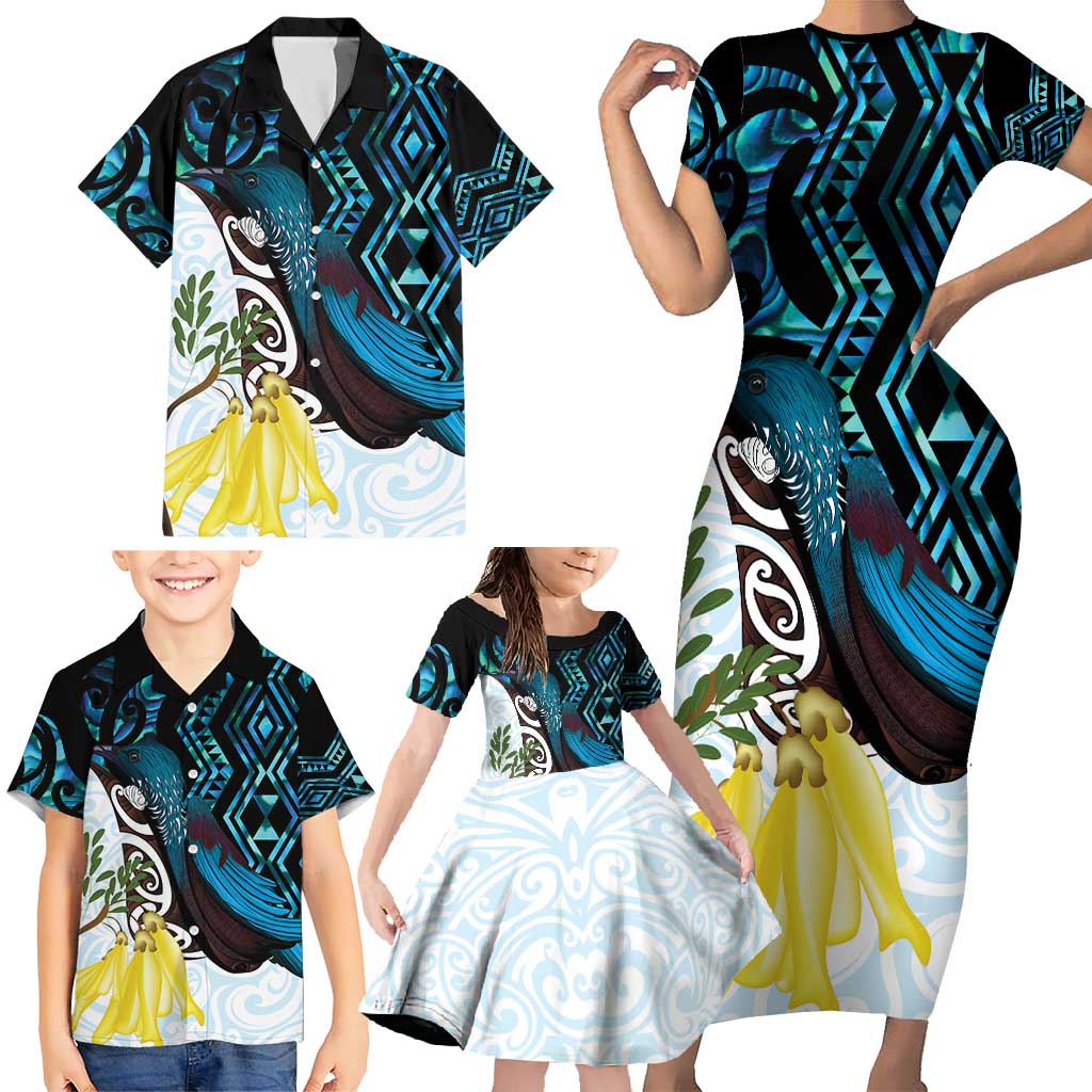 New Zealand Silver Fern Tui Bird Family Matching Short Sleeve Bodycon Dress and Hawaiian Shirt Maori Kowhai Paua Shell Taniko Motifs