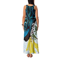 New Zealand Silver Fern Tui Bird Family Matching Tank Maxi Dress and Hawaiian Shirt Maori Kowhai Paua Shell Taniko Motifs