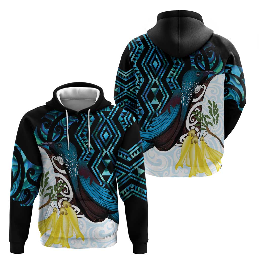 New Zealand Silver Fern Tui Bird Hoodie Maori Kowhai Paua Shell Taniko Motifs