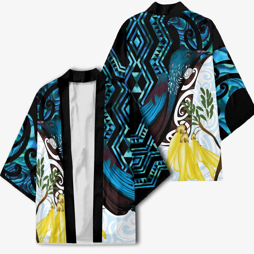 New Zealand Silver Fern Tui Bird Kimono Maori Kowhai Paua Shell Taniko Motifs - Polynesian Pride