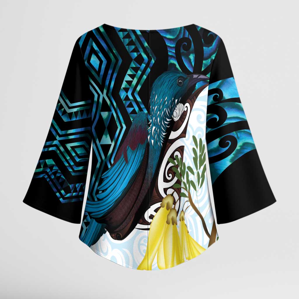 New Zealand Silver Fern Tui Bird Kimono Sleeve Blouse Maori Kowhai Paua Shell Taniko Motifs - Polynesian Pride