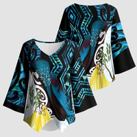 New Zealand Silver Fern Tui Bird Kimono Sleeve Blouse Maori Kowhai Paua Shell Taniko Motifs - Polynesian Pride