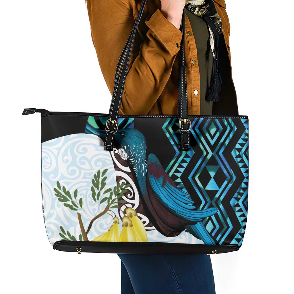 New Zealand Silver Fern Tui Bird Leather Tote Bag Maori Kowhai Paua Shell Taniko Motifs