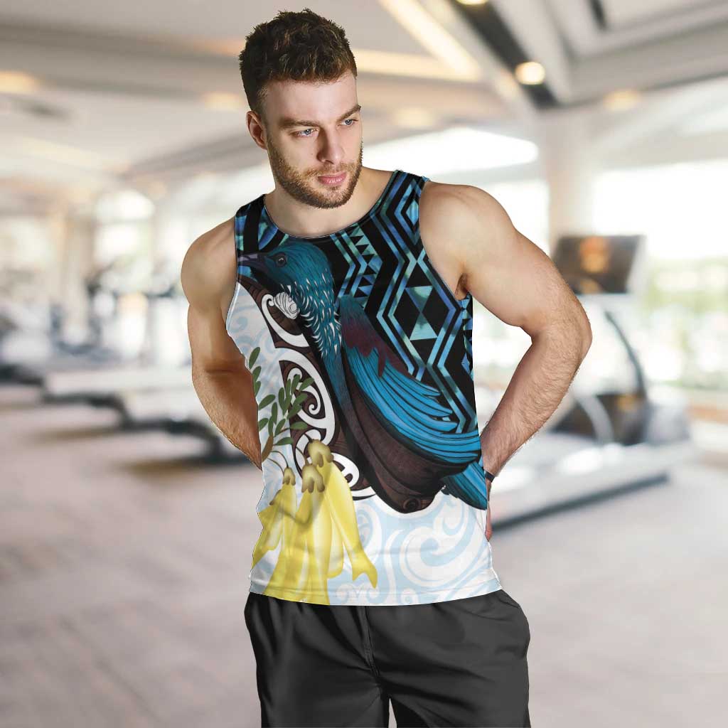 New Zealand Silver Fern Tui Bird Men Tank Top Maori Kowhai Paua Shell Taniko Motifs