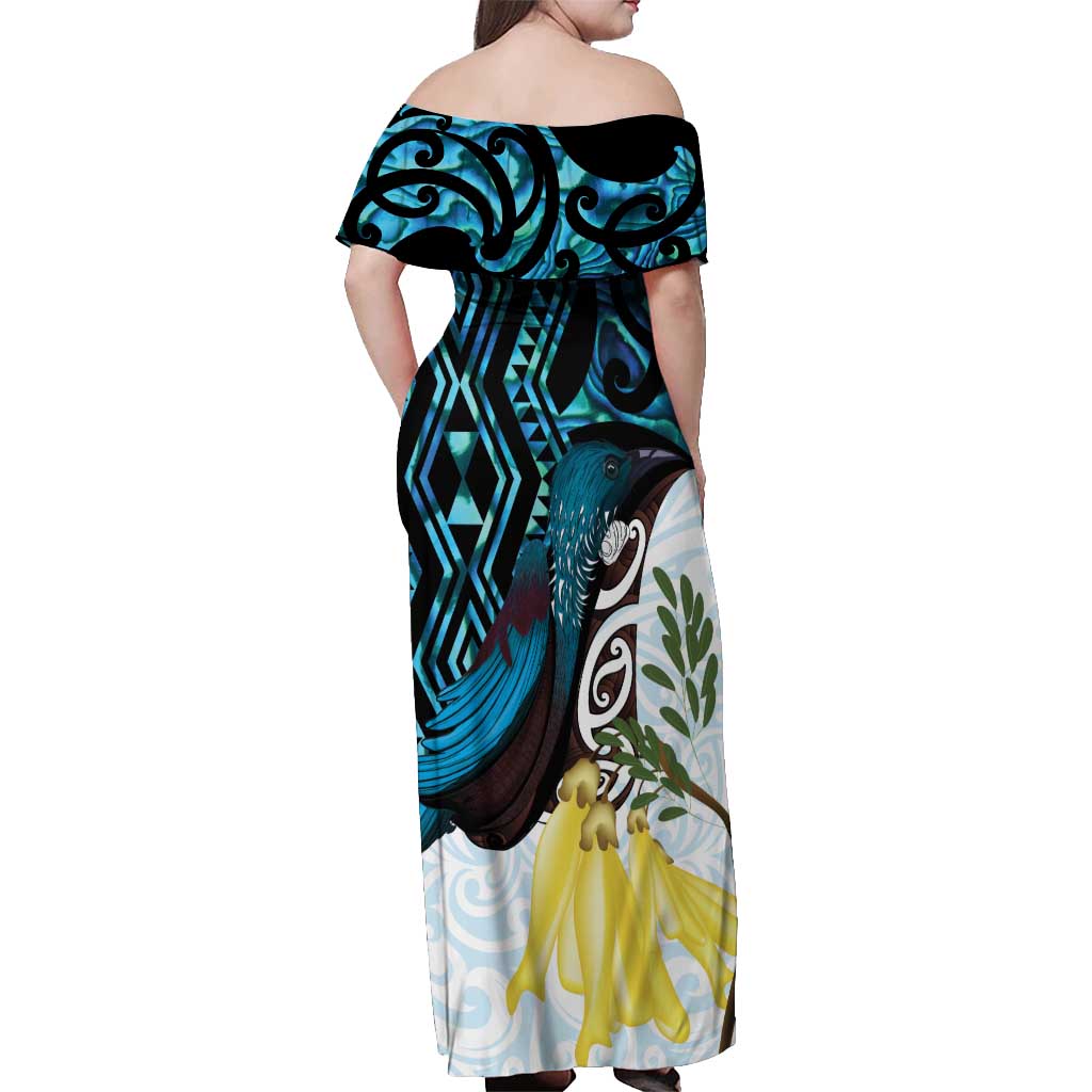 New Zealand Silver Fern Tui Bird Off Shoulder Maxi Dress Maori Kowhai Paua Shell Taniko Motifs