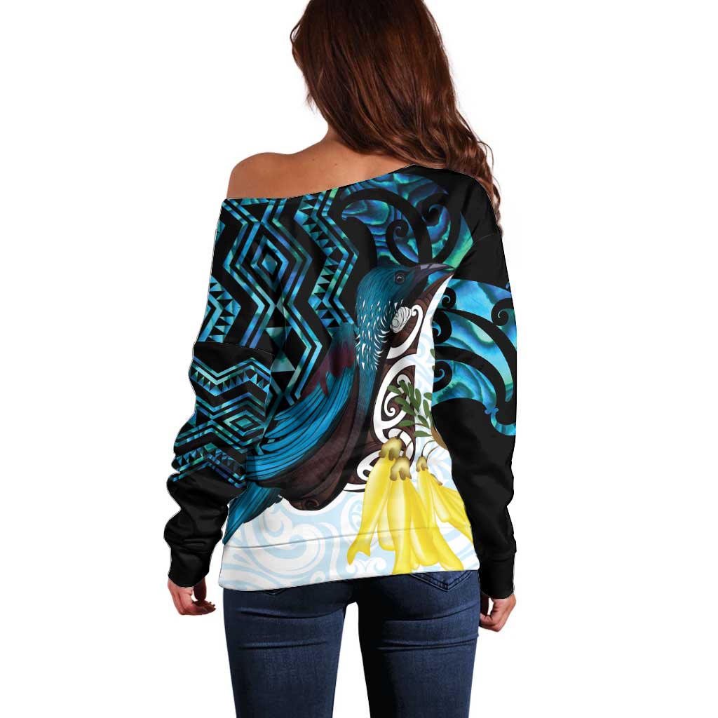 New Zealand Silver Fern Tui Bird Off Shoulder Sweater Maori Kowhai Paua Shell Taniko Motifs