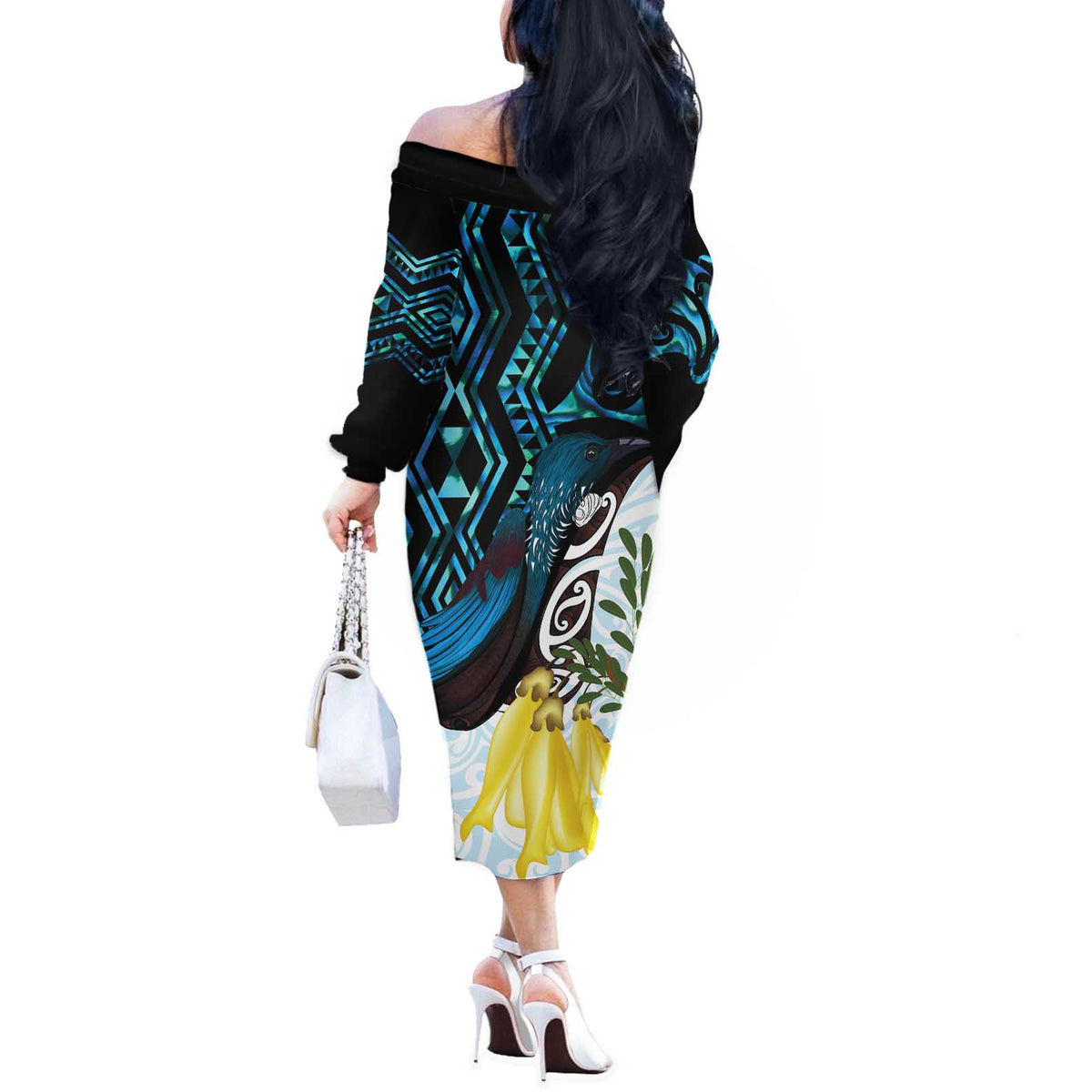 New Zealand Silver Fern Tui Bird Off The Shoulder Long Sleeve Dress Maori Kowhai Paua Shell Taniko Motifs