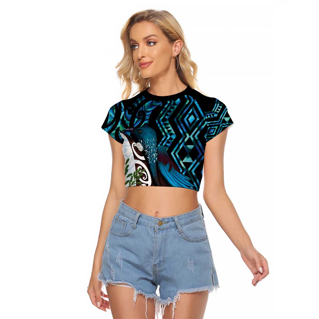New Zealand Silver Fern Tui Bird Raglan Cropped T Shirt Maori Kowhai Paua Shell Taniko Motifs