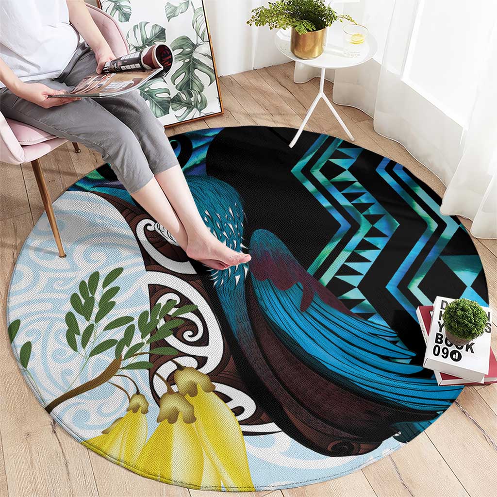New Zealand Silver Fern Tui Bird Round Carpet Maori Kowhai Paua Shell Taniko Motifs