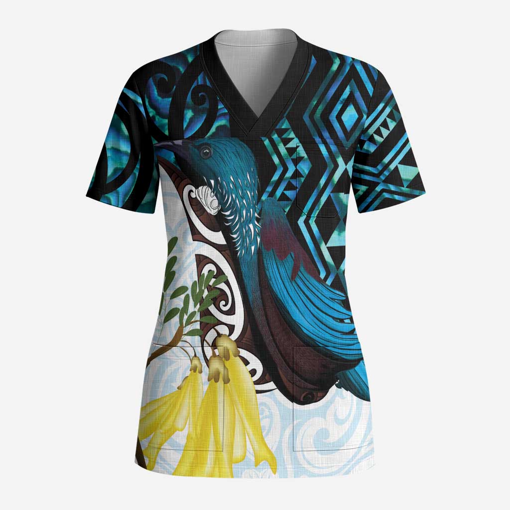 New Zealand Silver Fern Tui Bird Scrub Top Maori Kowhai Paua Shell Taniko Motifs - Polynesian Pride