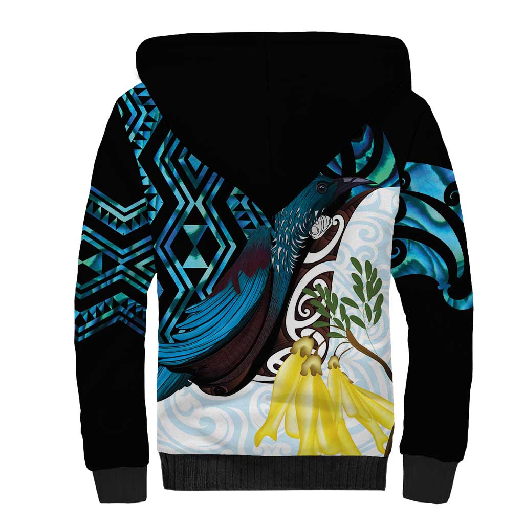 New Zealand Silver Fern Tui Bird Sherpa Hoodie Maori Kowhai Paua Shell Taniko Motifs