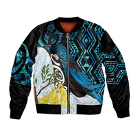 New Zealand Silver Fern Tui Bird Sleeve Zip Bomber Jacket Maori Kowhai Paua Shell Taniko Motifs