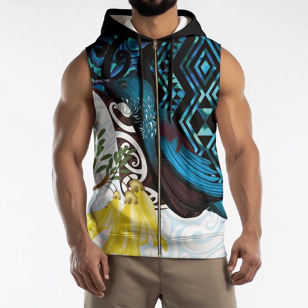 New Zealand Silver Fern Tui Bird Sleeveless Zip Hoodie Maori Kowhai Paua Shell Taniko Motifs - Polynesian Pride