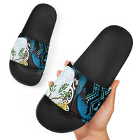 New Zealand Silver Fern Tui Bird Slide Sandals Maori Kowhai Paua Shell Taniko Motifs - Polynesian Pride