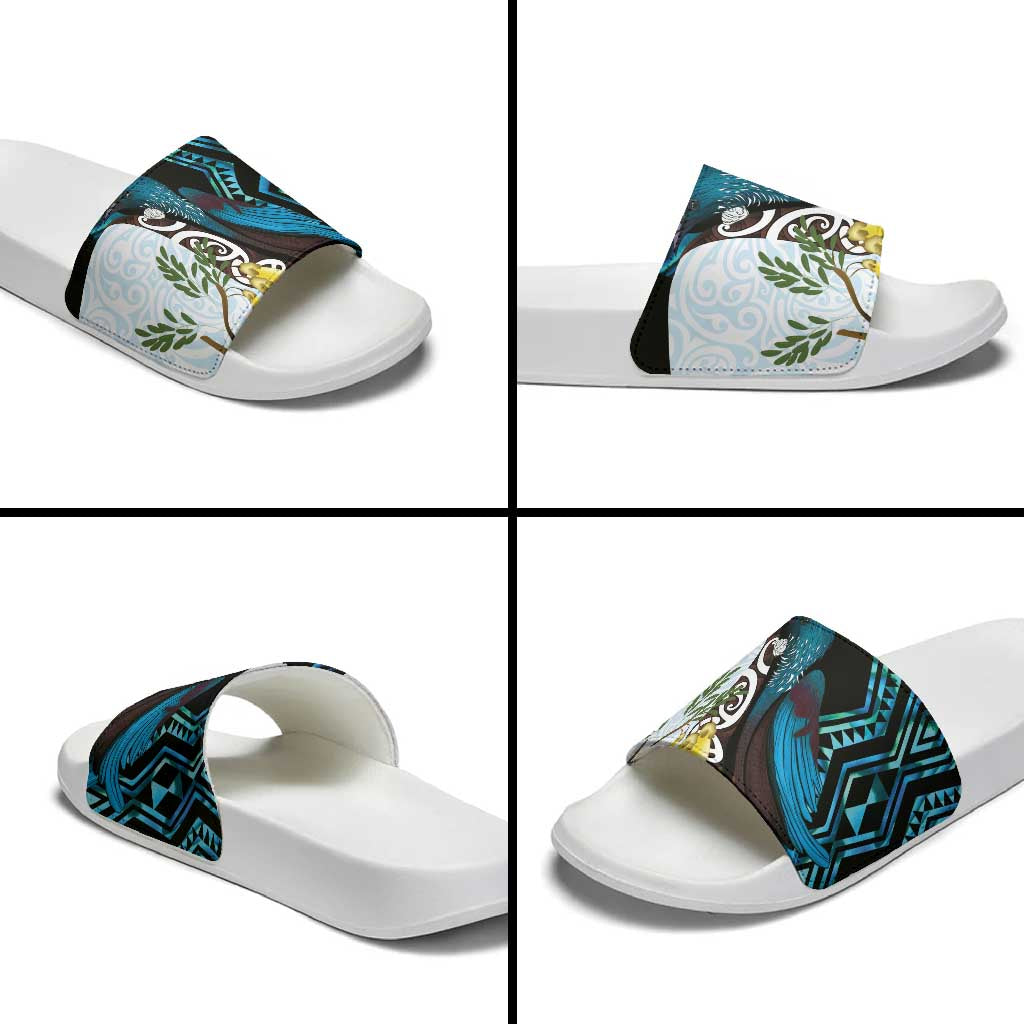 New Zealand Silver Fern Tui Bird Slide Sandals Maori Kowhai Paua Shell Taniko Motifs - Polynesian Pride