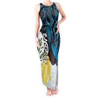 New Zealand Silver Fern Tui Bird Tank Maxi Dress Maori Kowhai Paua Shell Taniko Motifs