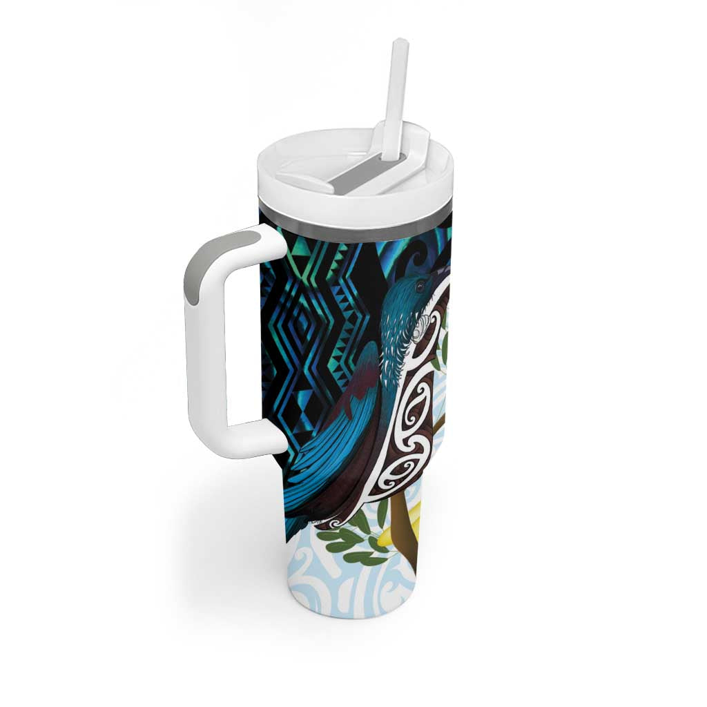 New Zealand Silver Fern Tui Bird Tumbler With Handle Maori Kowhai Paua Shell Taniko Motifs
