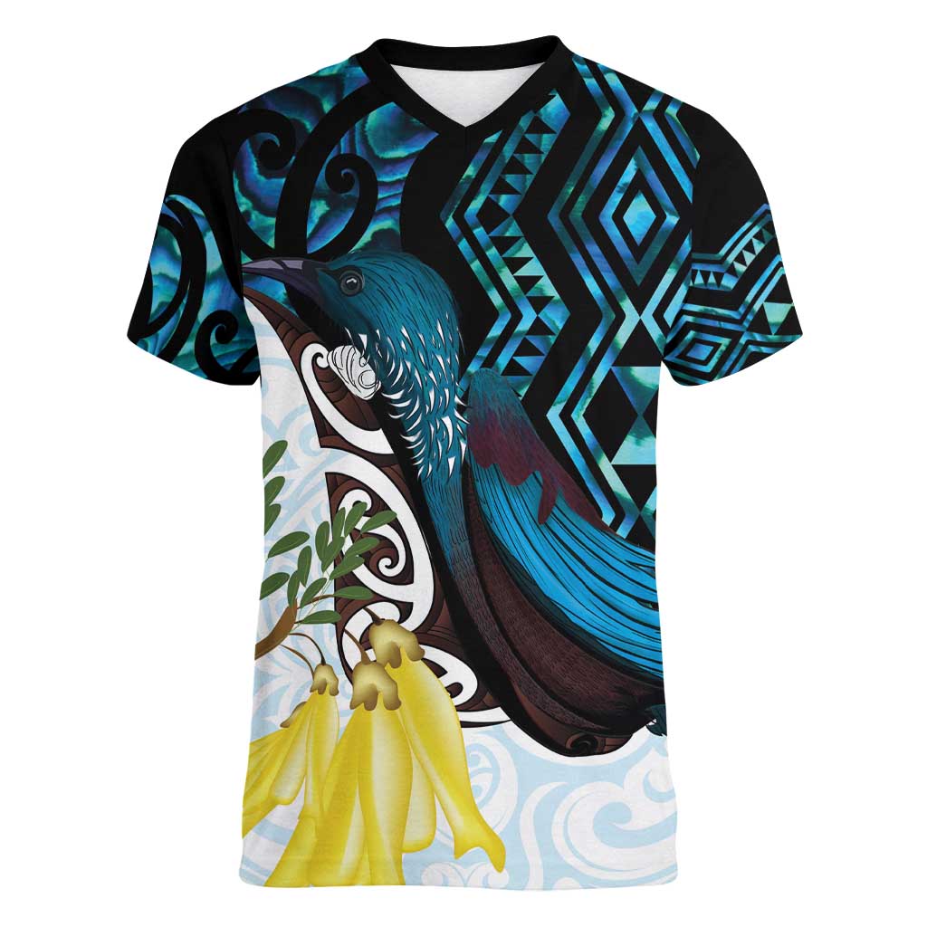 New Zealand Silver Fern Tui Bird Women V-Neck T-Shirt Maori Kowhai Paua Shell Taniko Motifs