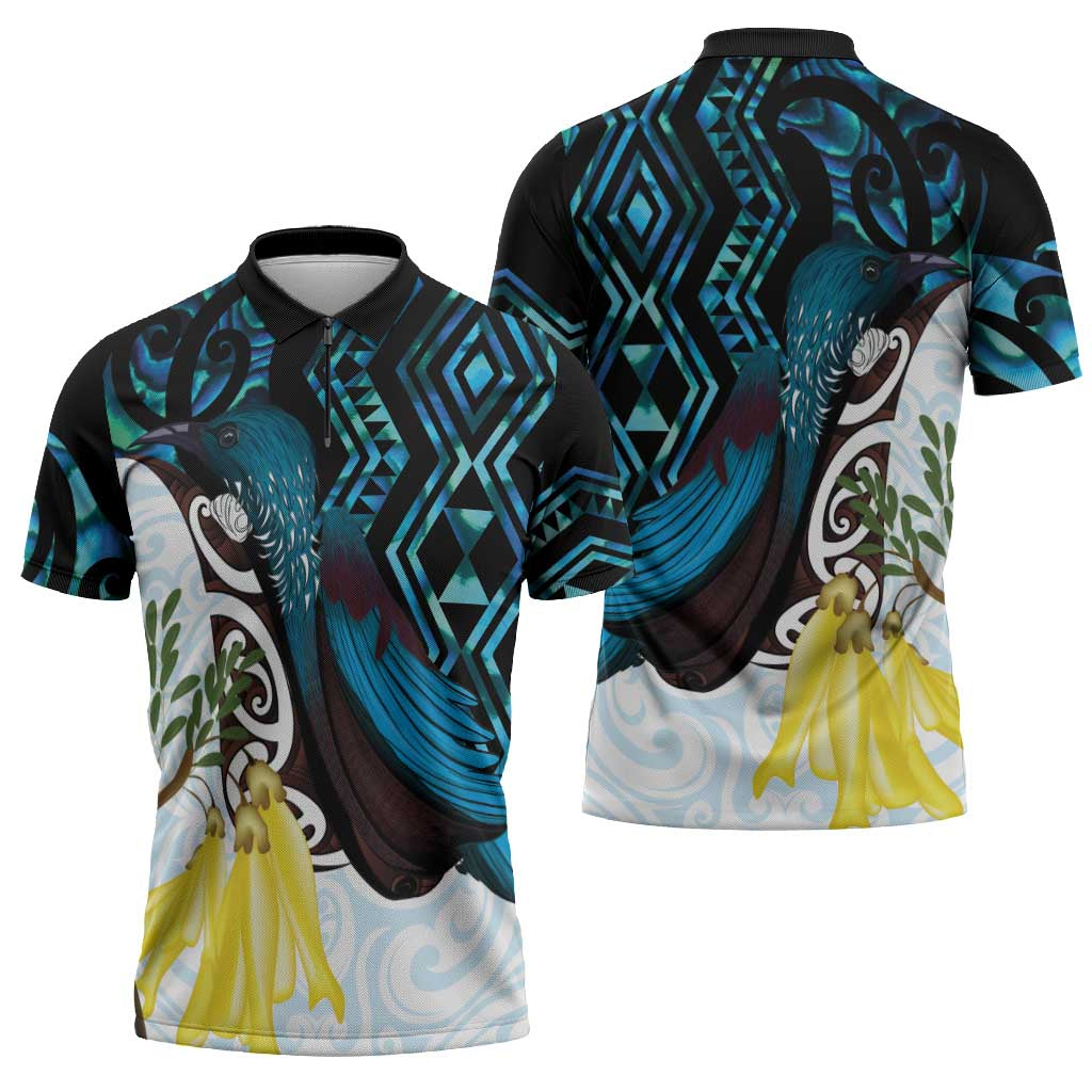 New Zealand Silver Fern Tui Bird Zipper Polo Shirt Maori Kowhai Paua Shell Taniko Motifs - Polynesian Pride