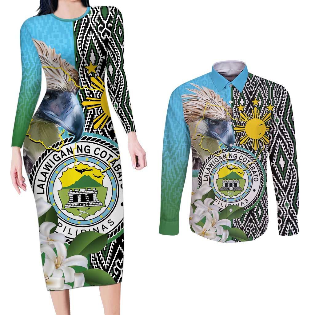 Cotabato Philippines Province Couples Matching Long Sleeve Bodycon Dress and Long Sleeve Button Shirt Filipino Eagle Sampaguita Tinalak Pattern