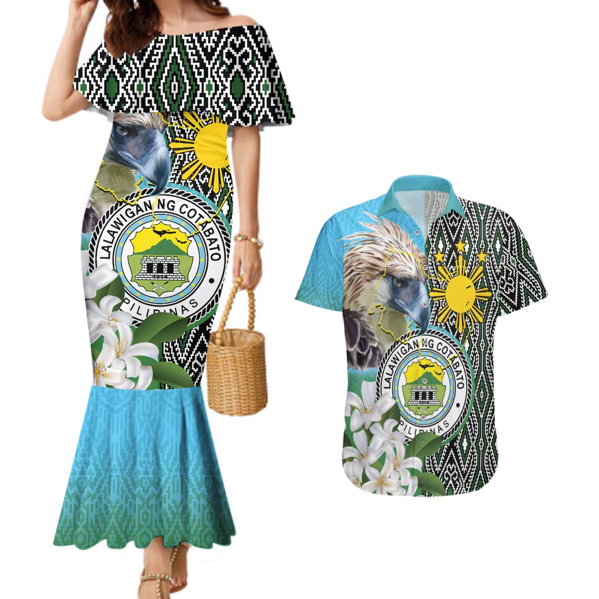 Cotabato Philippines Province Couples Matching Mermaid Dress and Hawaiian Shirt Filipino Eagle Sampaguita Tinalak Pattern