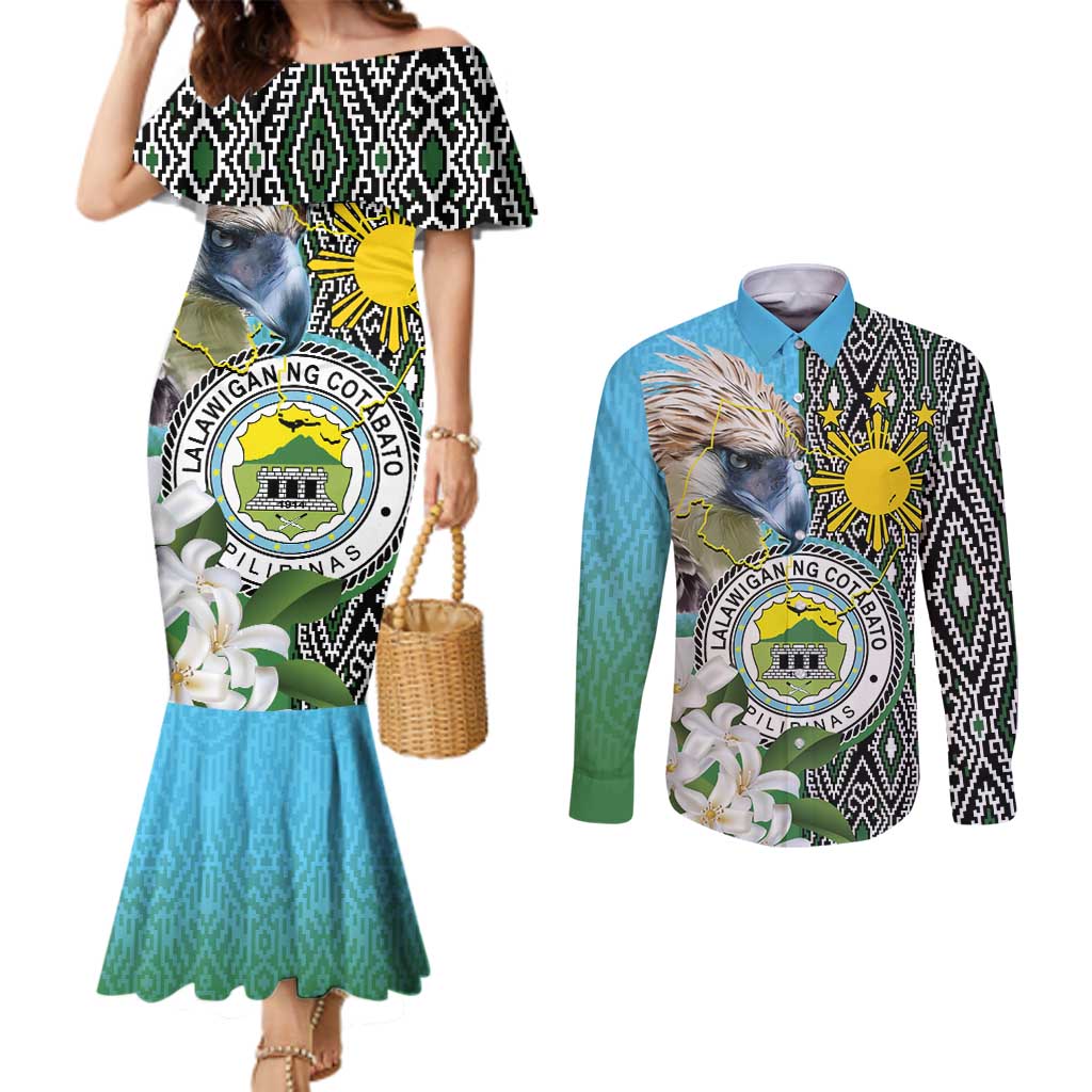 Cotabato Philippines Province Couples Matching Mermaid Dress and Long Sleeve Button Shirt Filipino Eagle Sampaguita Tinalak Pattern LT14 Blue - Polynesian Pride