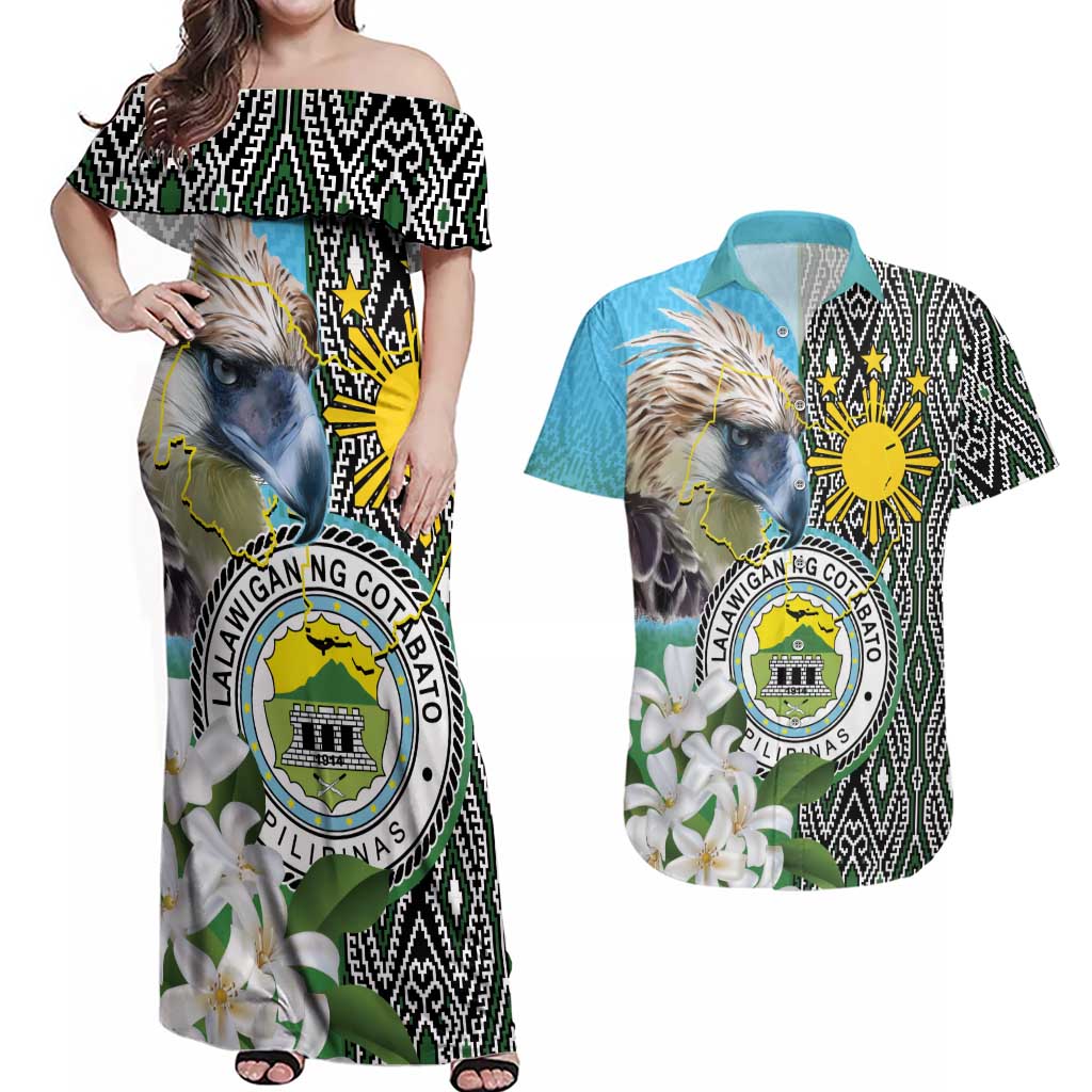 Cotabato Philippines Province Couples Matching Off Shoulder Maxi Dress and Hawaiian Shirt Filipino Eagle Sampaguita Tinalak Pattern LT14 Blue - Polynesian Pride