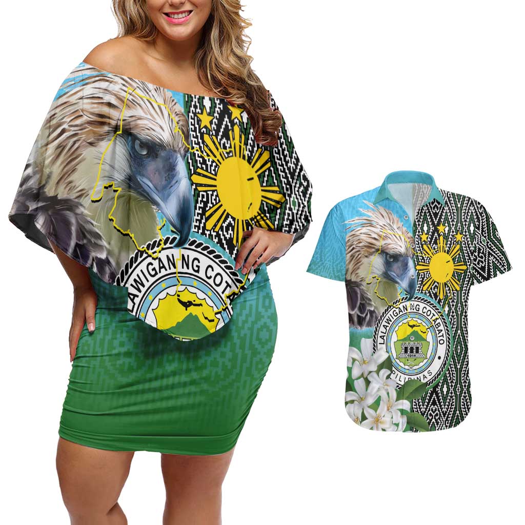 Cotabato Philippines Province Couples Matching Off Shoulder Short Dress and Hawaiian Shirt Filipino Eagle Sampaguita Tinalak Pattern LT14 Blue - Polynesian Pride