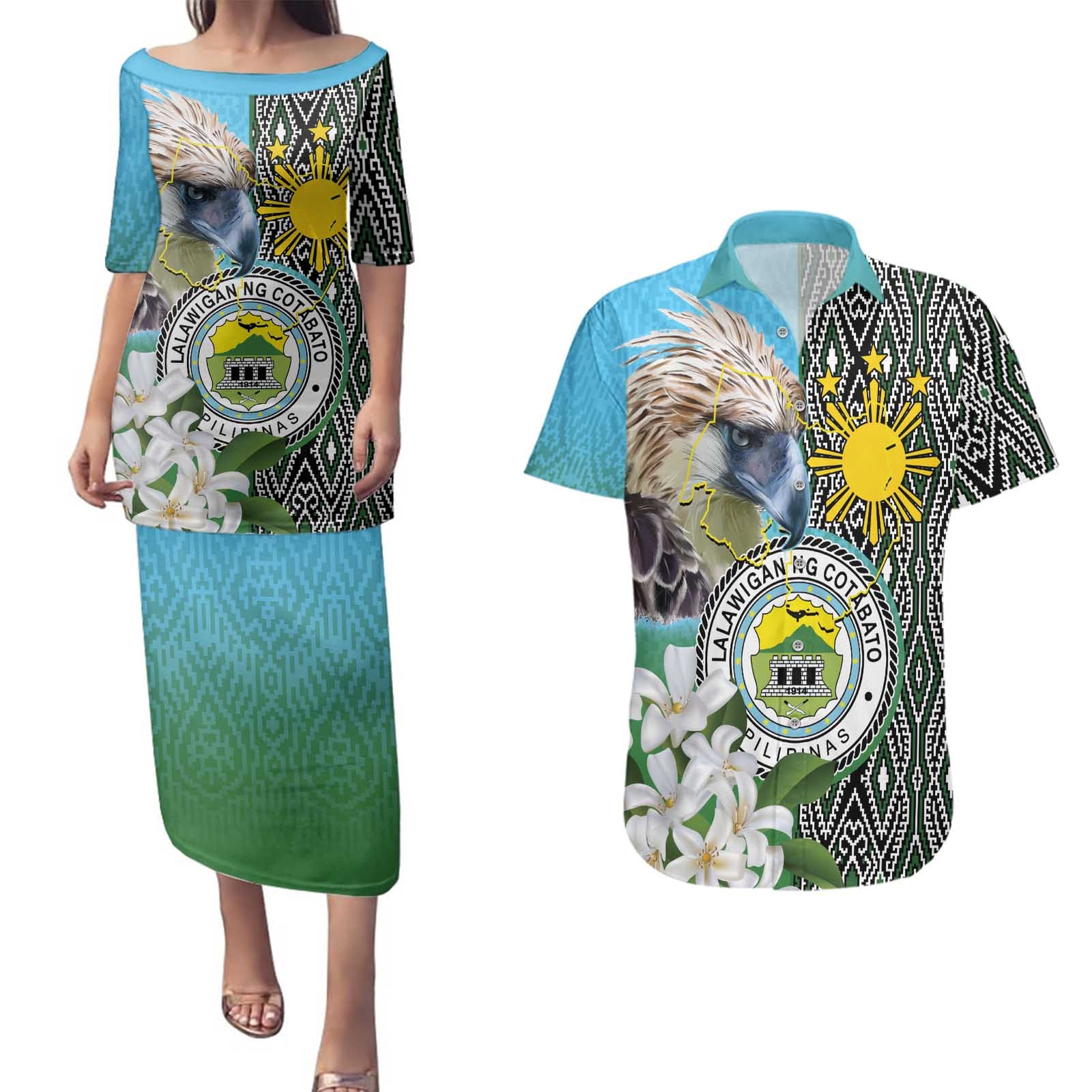 Cotabato Philippines Province Couples Matching Puletasi and Hawaiian Shirt Filipino Eagle Sampaguita Tinalak Pattern LT14 Blue - Polynesian Pride