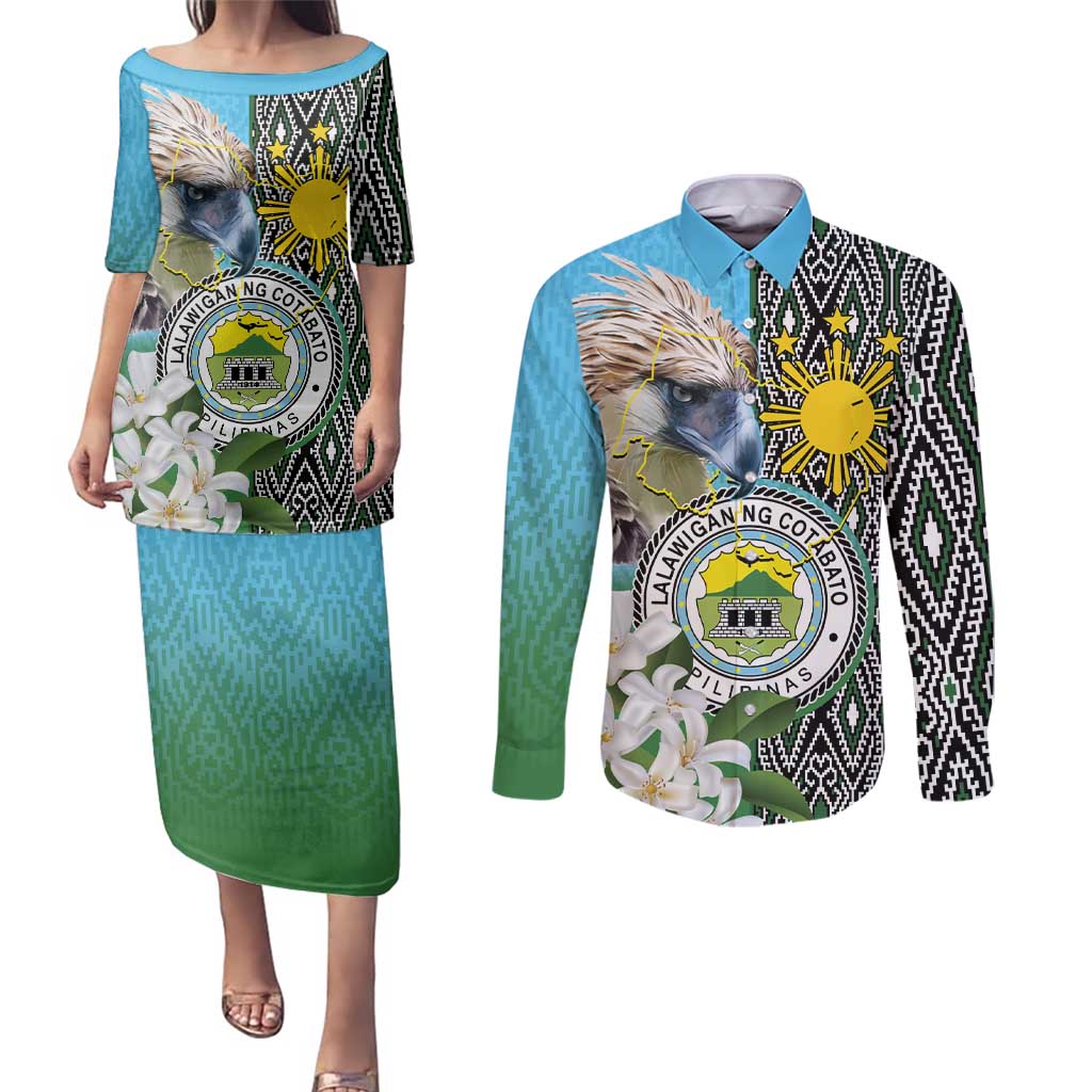 Cotabato Philippines Province Couples Matching Puletasi and Long Sleeve Button Shirt Filipino Eagle Sampaguita Tinalak Pattern LT14 Blue - Polynesian Pride