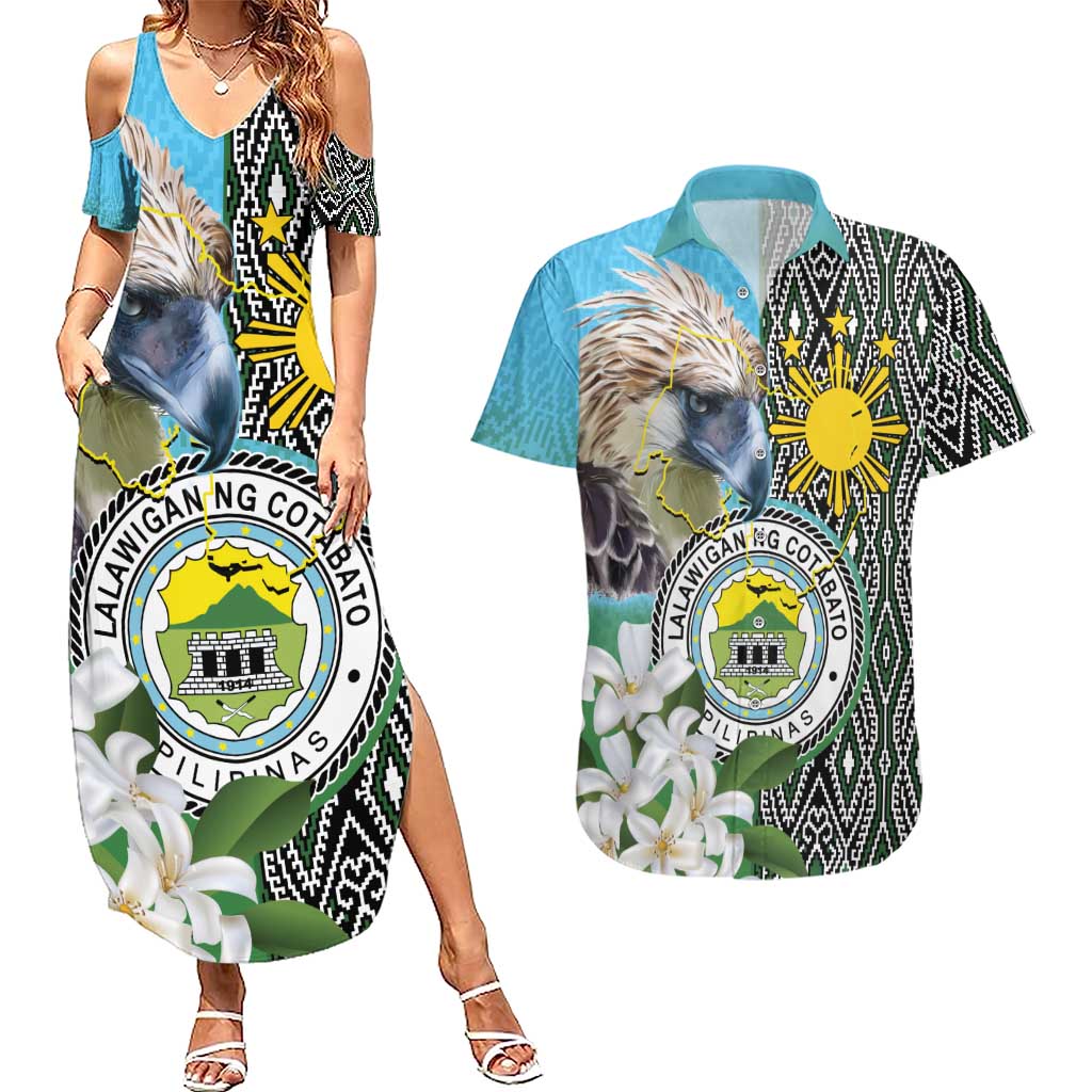 Cotabato Philippines Province Couples Matching Summer Maxi Dress and Hawaiian Shirt Filipino Eagle Sampaguita Tinalak Pattern LT14 Blue - Polynesian Pride