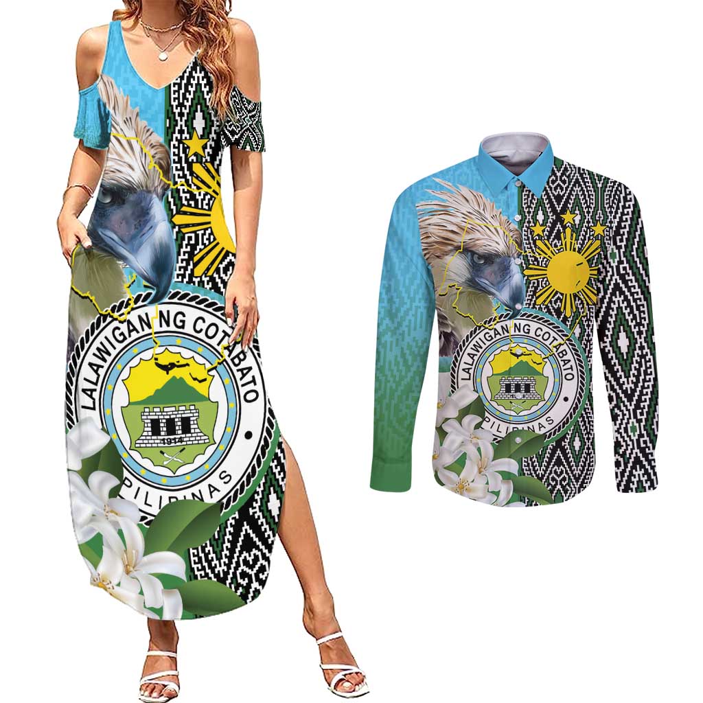 Cotabato Philippines Province Couples Matching Summer Maxi Dress and Long Sleeve Button Shirt Filipino Eagle Sampaguita Tinalak Pattern