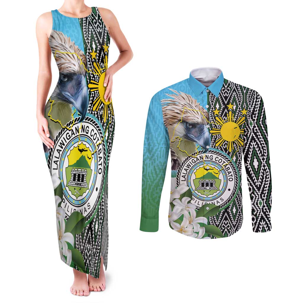 Cotabato Philippines Province Couples Matching Tank Maxi Dress and Long Sleeve Button Shirt Filipino Eagle Sampaguita Tinalak Pattern LT14 Blue - Polynesian Pride