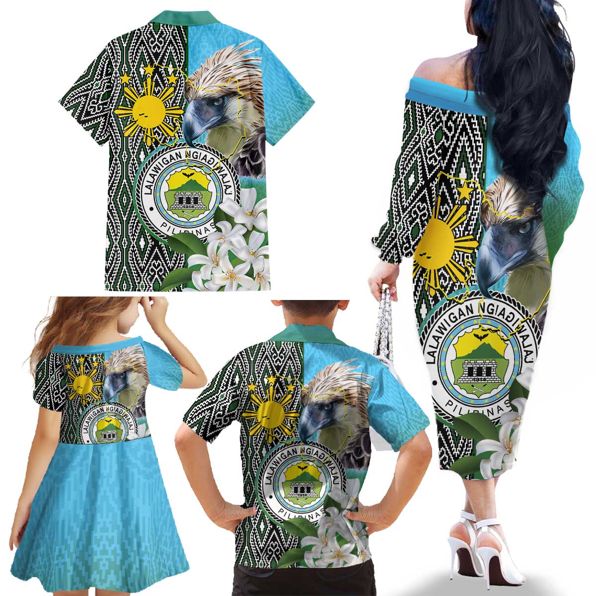 Cotabato Philippines Province Family Matching Off The Shoulder Long Sleeve Dress and Hawaiian Shirt Filipino Eagle Sampaguita Tinalak Pattern