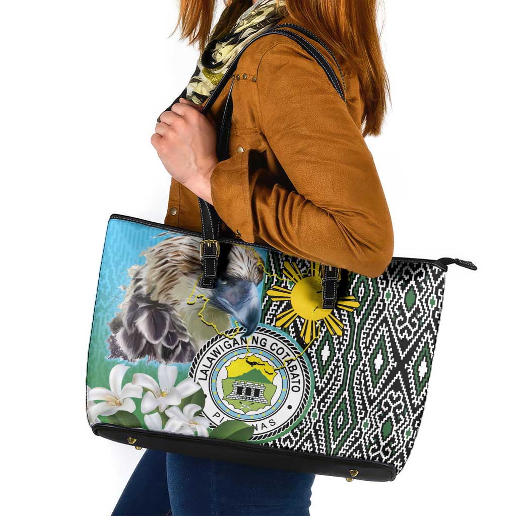 Cotabato Philippines Province Leather Tote Bag Filipino Eagle Sampaguita Tinalak Pattern LT14 Blue - Polynesian Pride