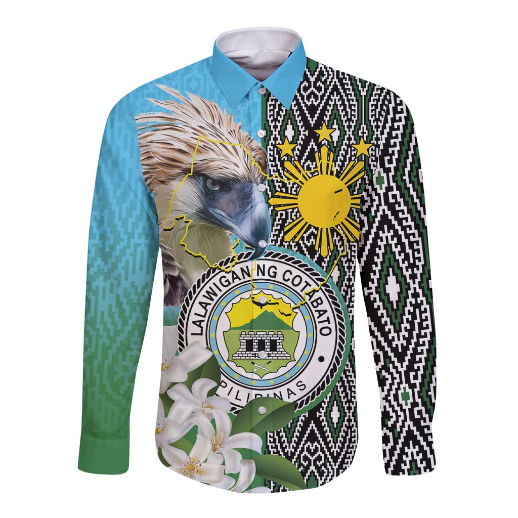 Cotabato Philippines Province Long Sleeve Button Shirt Filipino Eagle Sampaguita Tinalak Pattern LT14 Unisex Blue - Polynesian Pride