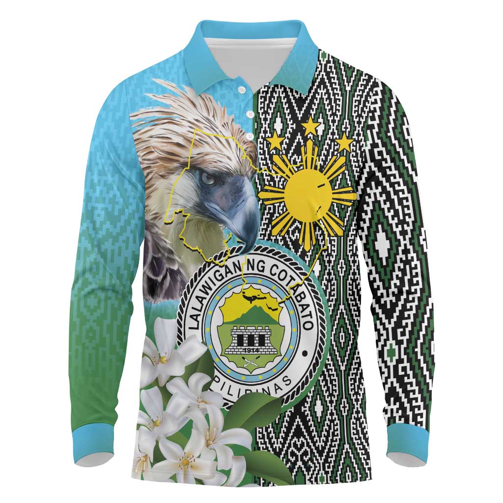 Cotabato Philippines Province Long Sleeve Polo Shirt Filipino Eagle Sampaguita Tinalak Pattern LT14 Blue - Polynesian Pride