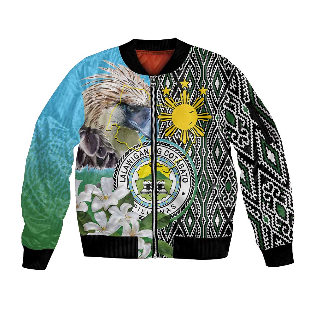 Cotabato Philippines Province Sleeve Zip Bomber Jacket Filipino Eagle Sampaguita Tinalak Pattern LT14 Unisex Blue - Polynesian Pride