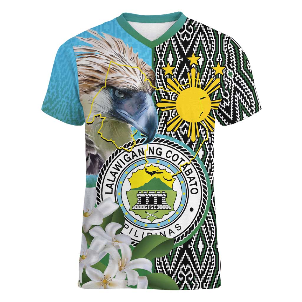 Cotabato Philippines Province Women V-Neck T-Shirt Filipino Eagle Sampaguita Tinalak Pattern LT14 Female Blue - Polynesian Pride