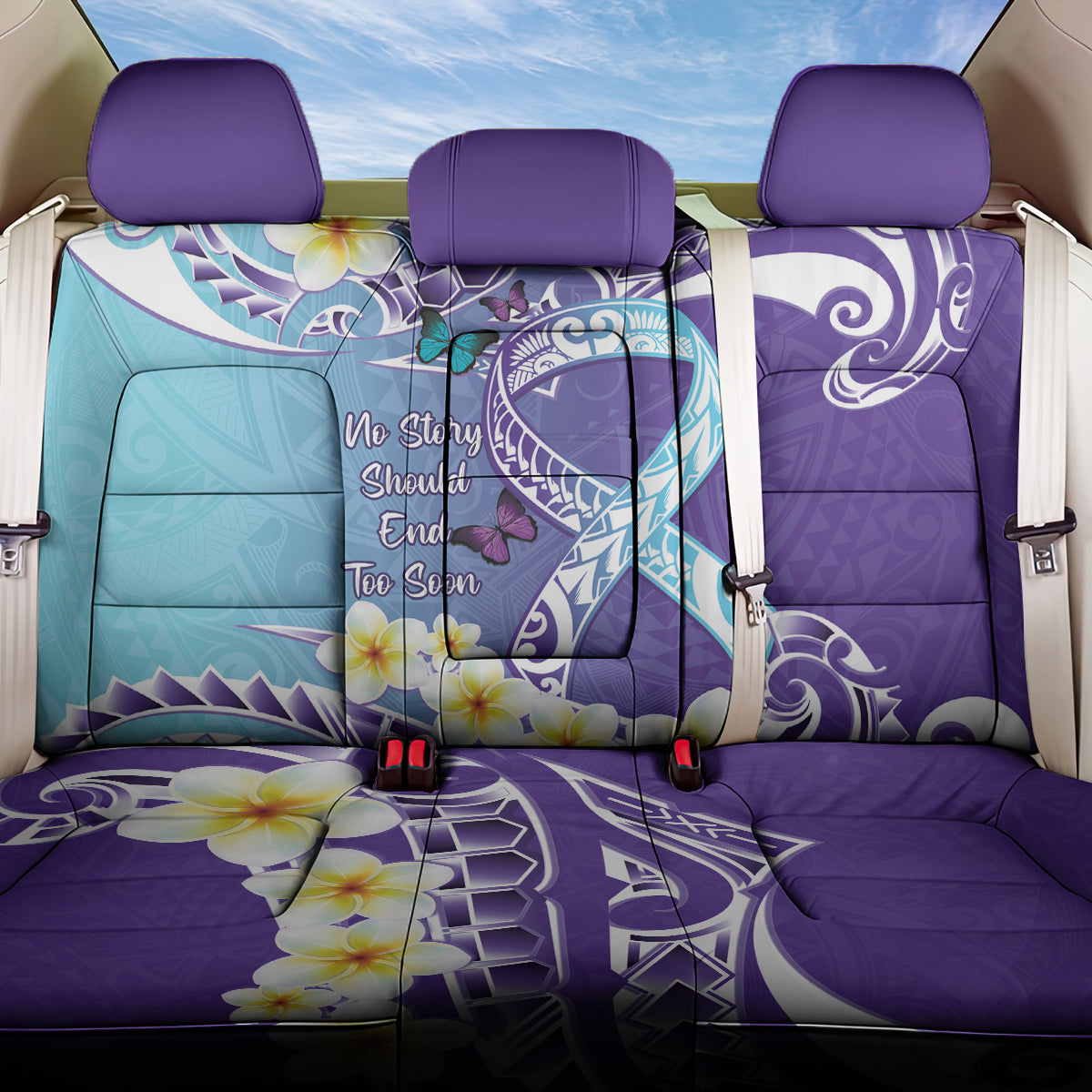 No Story Should End Too Soon Suicide Awareness Back Car Seat Cover Purple And Teal Polynesian Ribbon