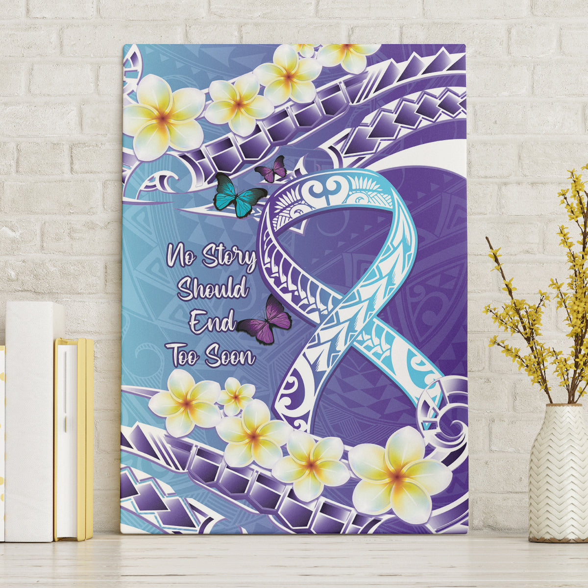 No Story Should End Too Soon Suicide Awareness Canvas Wall Art Purple And Teal Polynesian Ribbon