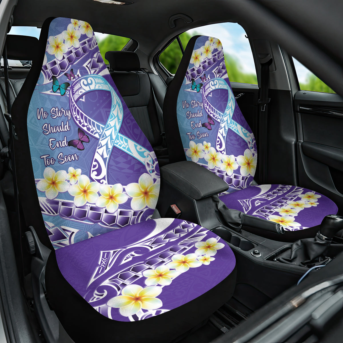 No Story Should End Too Soon Suicide Awareness Car Seat Cover Purple And Teal Polynesian Ribbon